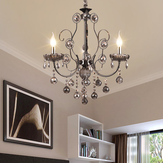 Smoke Gray Crystal Hanging Chandelier Light Vintage Style Candle 3/5 Lights Pendant Light for Dining Room 3 Smoke Gray Clearhalo 'Ceiling Lights' 'Chandeliers' 'Modern Chandeliers' 'Modern' Lighting' 152690