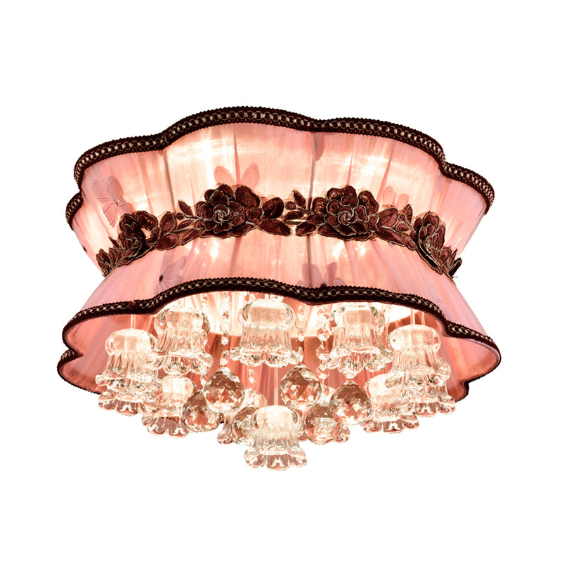 Pink Flower Flush Ceiling Light Modern Fabric LED Ceiling Mount Light with Crystal Deco for Hotel Clearhalo 'Ceiling Lights' 'Close To Ceiling Lights' 'Close to ceiling' 'Flush mount' Lighting' 152695