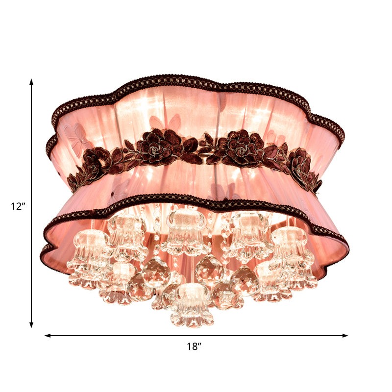 Pink Flower Flush Ceiling Light Modern Fabric LED Ceiling Mount Light with Crystal Deco for Hotel Clearhalo 'Ceiling Lights' 'Close To Ceiling Lights' 'Close to ceiling' 'Flush mount' Lighting' 152696