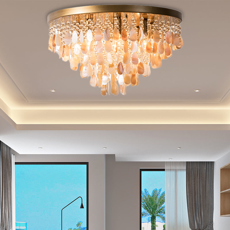 16"/19.5" W Tiered Flush Mount Light Modern Shell 6/9 Lights Ceiling Lamp with Crystal Bead in Brass Finish Clearhalo 'Ceiling Lights' 'Close To Ceiling Lights' 'Close to ceiling' 'Flush mount' Lighting' 152698