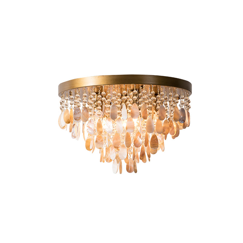 16"/19.5" W Tiered Flush Mount Light Modern Shell 6/9 Lights Ceiling Lamp with Crystal Bead in Brass Finish Clearhalo 'Ceiling Lights' 'Close To Ceiling Lights' 'Close to ceiling' 'Flush mount' Lighting' 152703