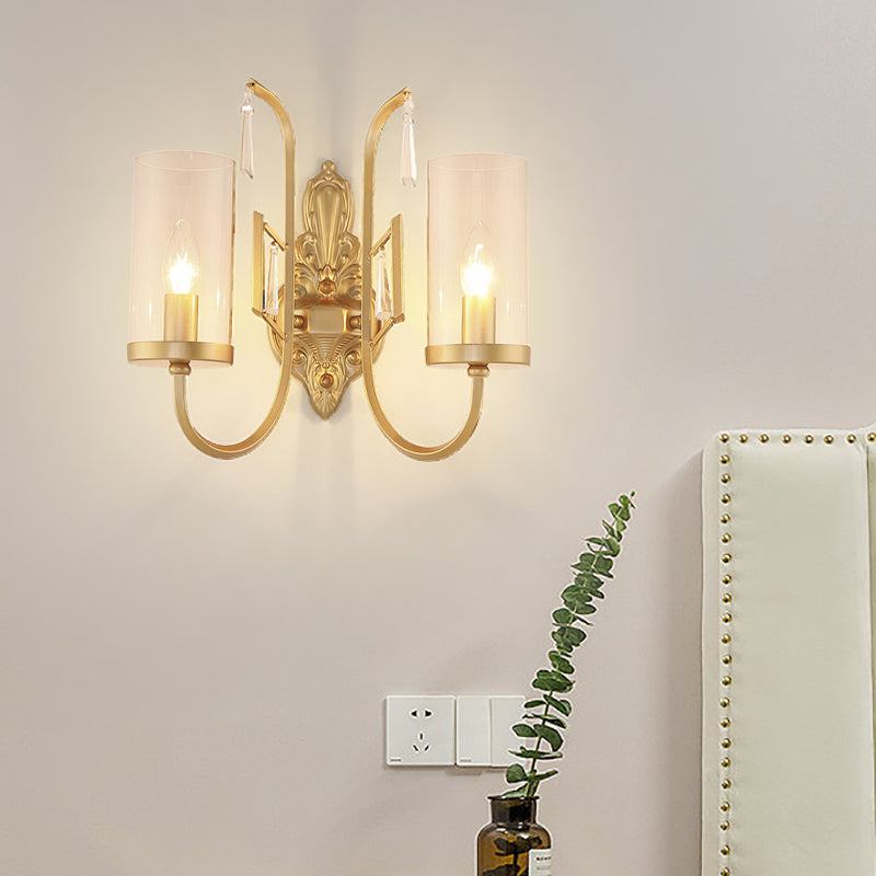 Modern Metal Wall Light 1/2-Head Cylinder Sconce Light Fixture with Clear Glass Shade in Gold Clearhalo 'Cast Iron' 'Glass' 'Industrial' 'Modern wall lights' 'Modern' 'Tiffany' 'Traditional wall lights' 'Wall Lamps & Sconces' 'Wall Lights' Lighting' 152706