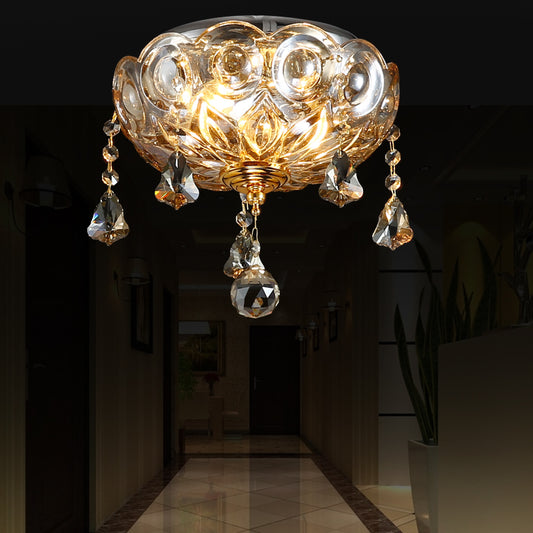 Vintage Style Bowl Flush Ceiling Light with Crystal Ball Deco 2 Lights Ceiling Lamp in Clear for Corridor Clear Clearhalo 'Ceiling Lights' 'Close To Ceiling Lights' 'Close to ceiling' 'Flush mount' Lighting' 152714