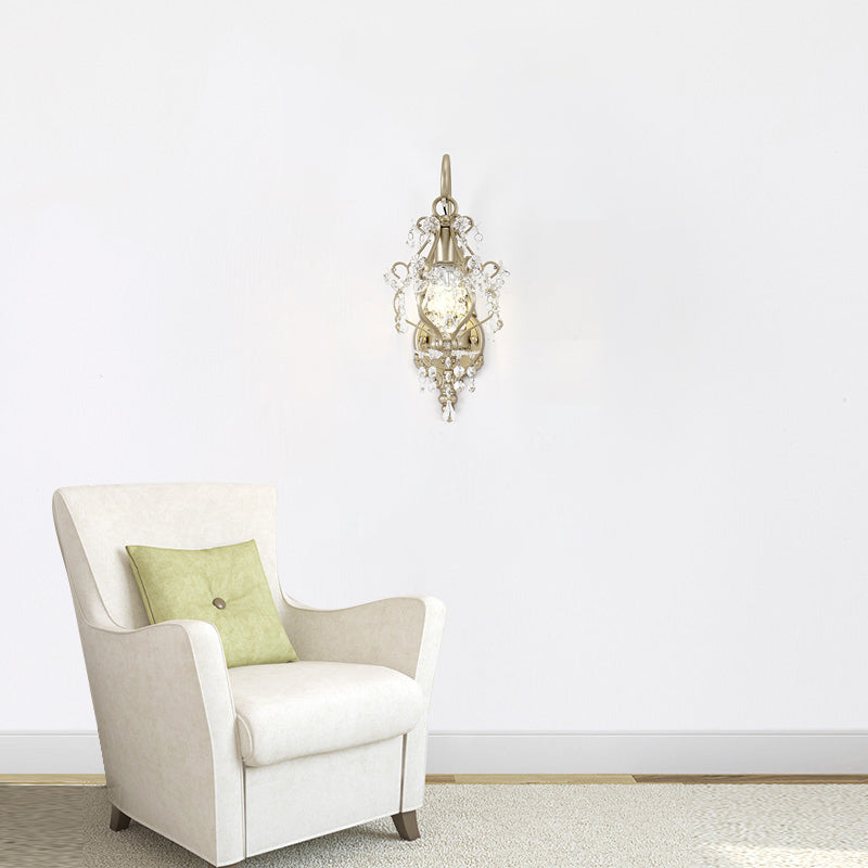 Clear Crystal Beaded Strand Wall Lamp Vintage Style 1 Bulb Sconce Light Fixture with Curved Arm in Champagne Clearhalo 'Modern wall lights' 'Modern' 'Wall Lamps & Sconces' 'Wall Lights' Lighting' 152720