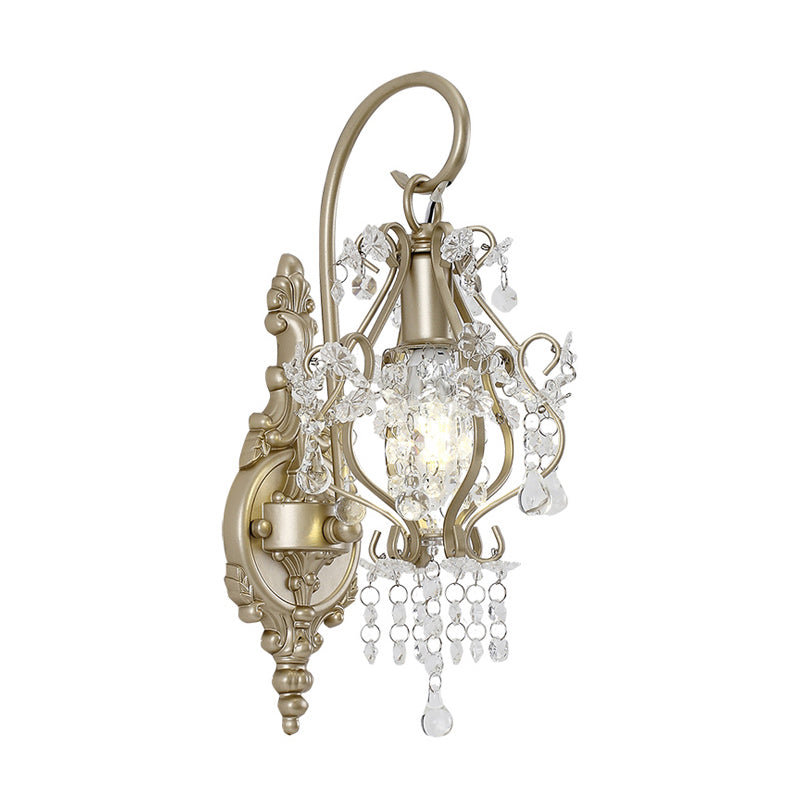 Clear Crystal Beaded Strand Wall Lamp Vintage Style 1 Bulb Sconce Light Fixture with Curved Arm in Champagne Clearhalo 'Modern wall lights' 'Modern' 'Wall Lamps & Sconces' 'Wall Lights' Lighting' 152721