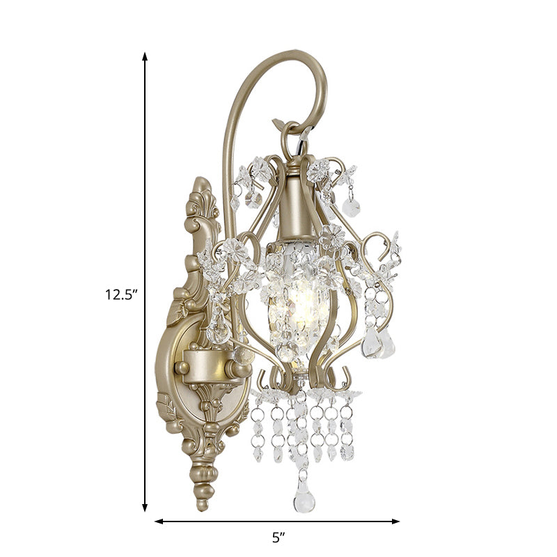 Clear Crystal Beaded Strand Wall Lamp Vintage Style 1 Bulb Sconce Light Fixture with Curved Arm in Champagne Clearhalo 'Modern wall lights' 'Modern' 'Wall Lamps & Sconces' 'Wall Lights' Lighting' 152722