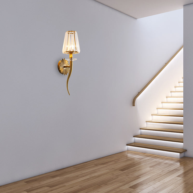 Clear Tapered Shade Wall Light Modern 1 Head Sconce Light Fixture with Crystal Prism in Gold for Stairway Gold Clearhalo 'Modern wall lights' 'Modern' 'Wall Lamps & Sconces' 'Wall Lights' Lighting' 152735