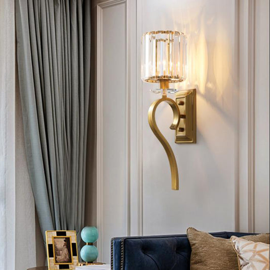 1 Light Cylinder Wall Light Contemporary Metal and Clear Crystal Sconce Light in Gold for Bedroom Clearhalo 'Modern wall lights' 'Modern' 'Wall Lamps & Sconces' 'Wall Lights' Lighting' 152745
