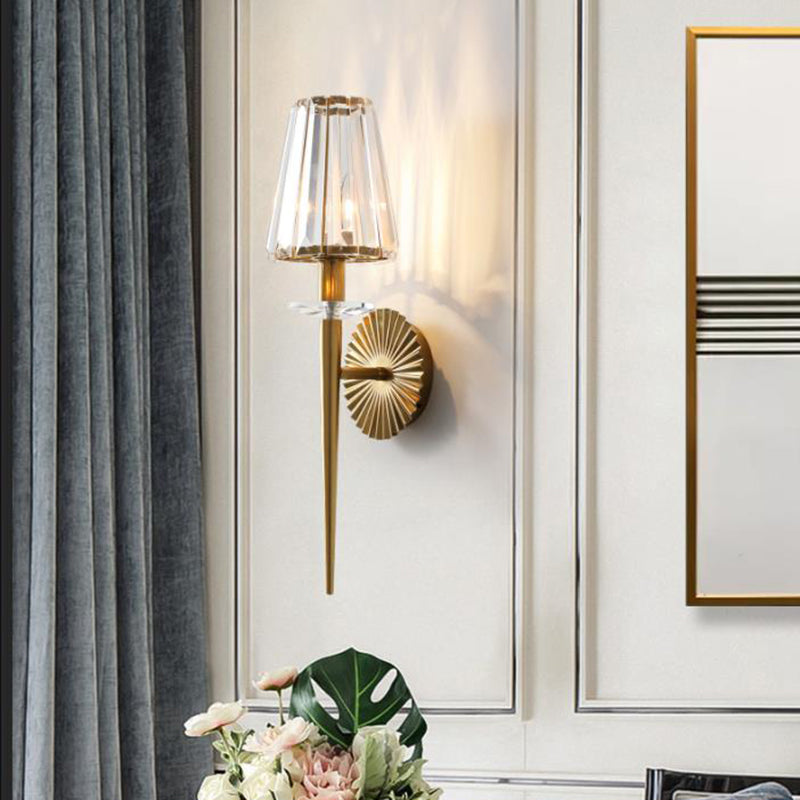 Conical Wall Light Fixture Modernist Metal and Clear Crystal 1 Light Sconce Lamp in Gold for Living Room Clearhalo 'Modern wall lights' 'Modern' 'Wall Lamps & Sconces' 'Wall Lights' Lighting' 152753