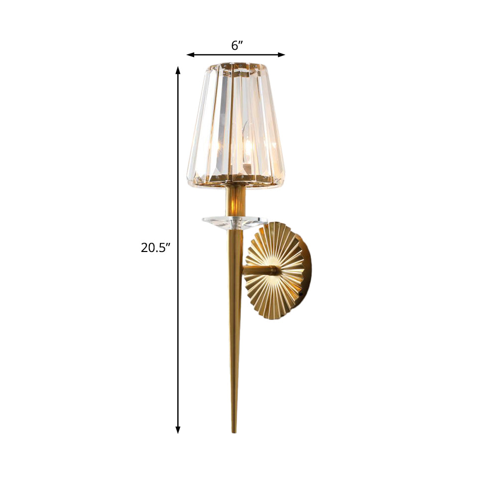 Conical Wall Light Fixture Modernist Metal and Clear Crystal 1 Light Sconce Lamp in Gold for Living Room Clearhalo 'Modern wall lights' 'Modern' 'Wall Lamps & Sconces' 'Wall Lights' Lighting' 152755