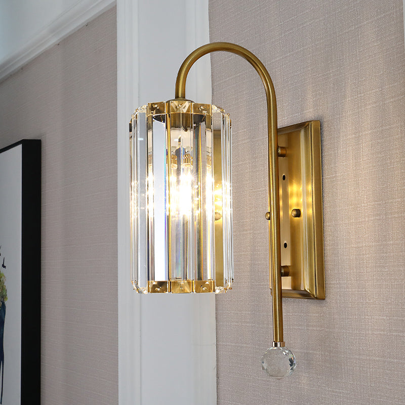 Cylindrical Clear Crystal Wall Light Vintage 1/2-Bulb Wall Sconce Light with Metal Gooseneck Arm in Gold Clearhalo 'Modern wall lights' 'Modern' 'Wall Lamps & Sconces' 'Wall Lights' Lighting' 152757