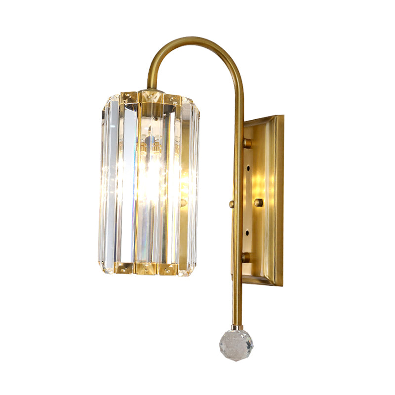 Cylindrical Clear Crystal Wall Light Vintage 1/2-Bulb Wall Sconce Light with Metal Gooseneck Arm in Gold Clearhalo 'Modern wall lights' 'Modern' 'Wall Lamps & Sconces' 'Wall Lights' Lighting' 152758