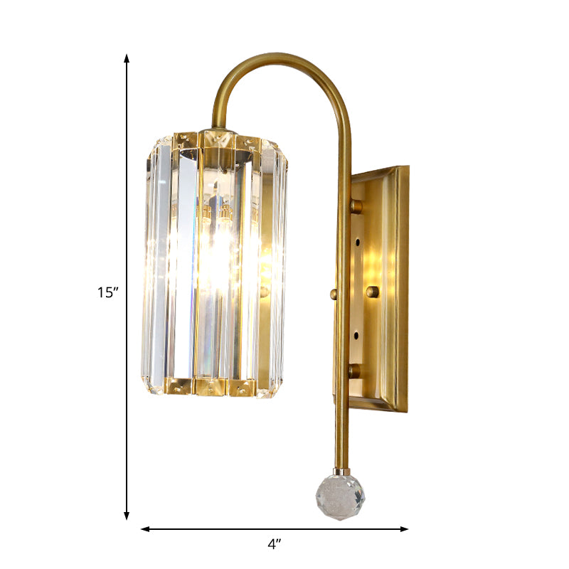 Cylindrical Clear Crystal Wall Light Vintage 1/2-Bulb Wall Sconce Light with Metal Gooseneck Arm in Gold Clearhalo 'Modern wall lights' 'Modern' 'Wall Lamps & Sconces' 'Wall Lights' Lighting' 152759