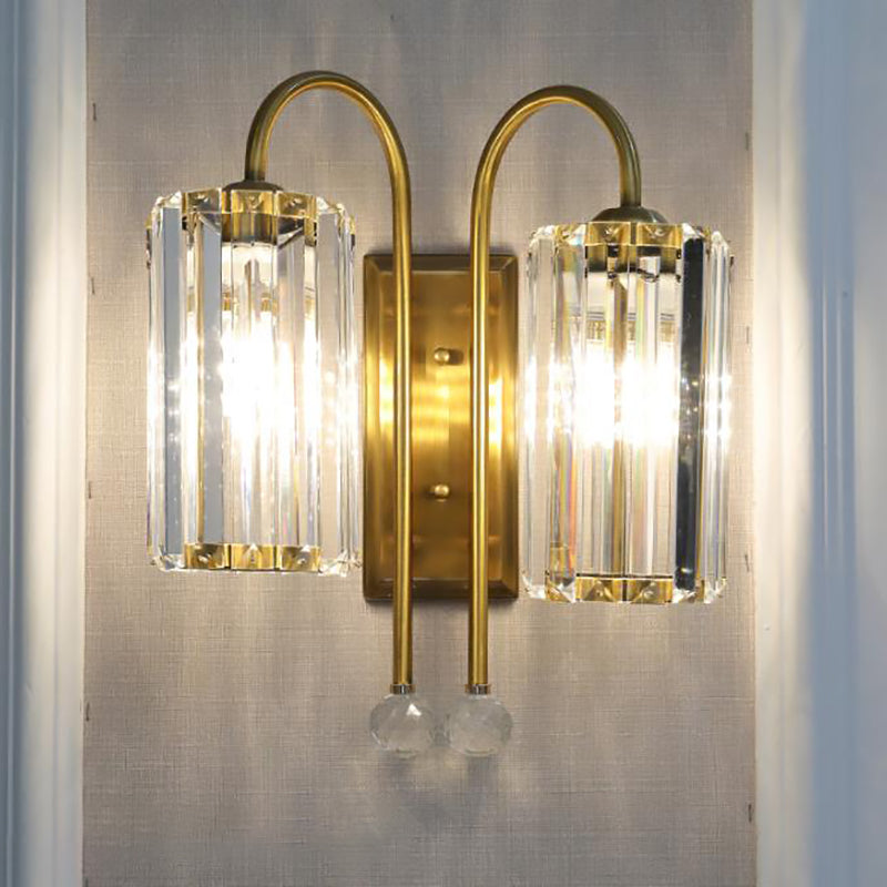 Cylindrical Clear Crystal Wall Light Vintage 1/2-Bulb Wall Sconce Light with Metal Gooseneck Arm in Gold 2.0 Gold Clearhalo 'Modern wall lights' 'Modern' 'Wall Lamps & Sconces' 'Wall Lights' Lighting' 152761