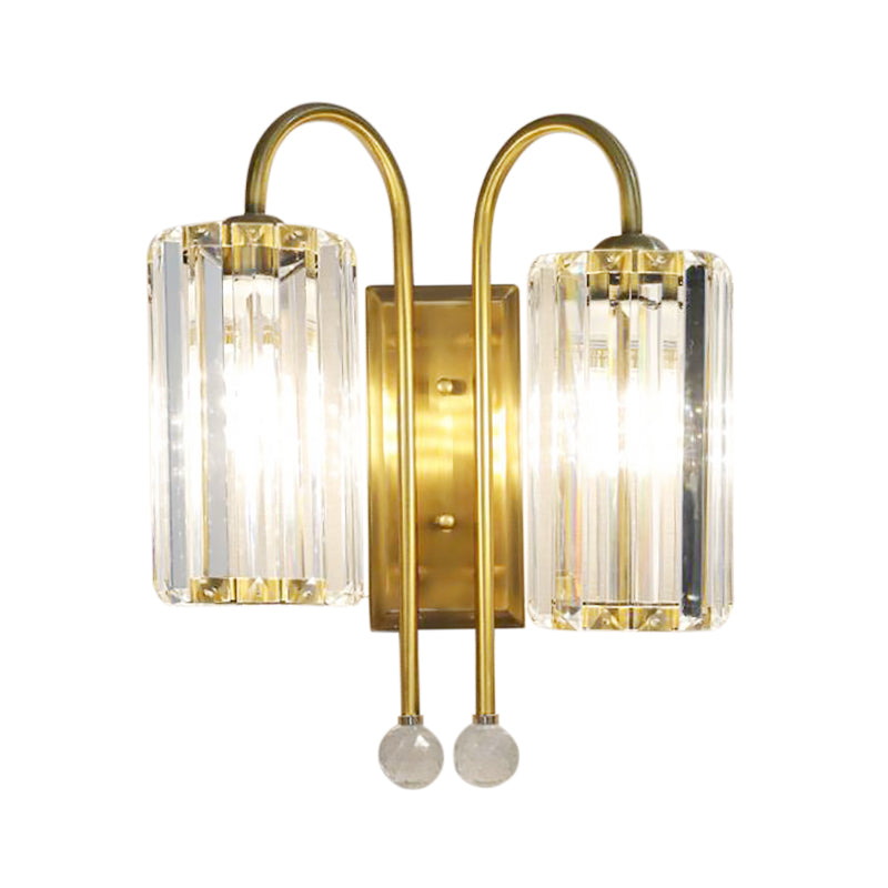 Cylindrical Clear Crystal Wall Light Vintage 1/2-Bulb Wall Sconce Light with Metal Gooseneck Arm in Gold Clearhalo 'Modern wall lights' 'Modern' 'Wall Lamps & Sconces' 'Wall Lights' Lighting' 152763