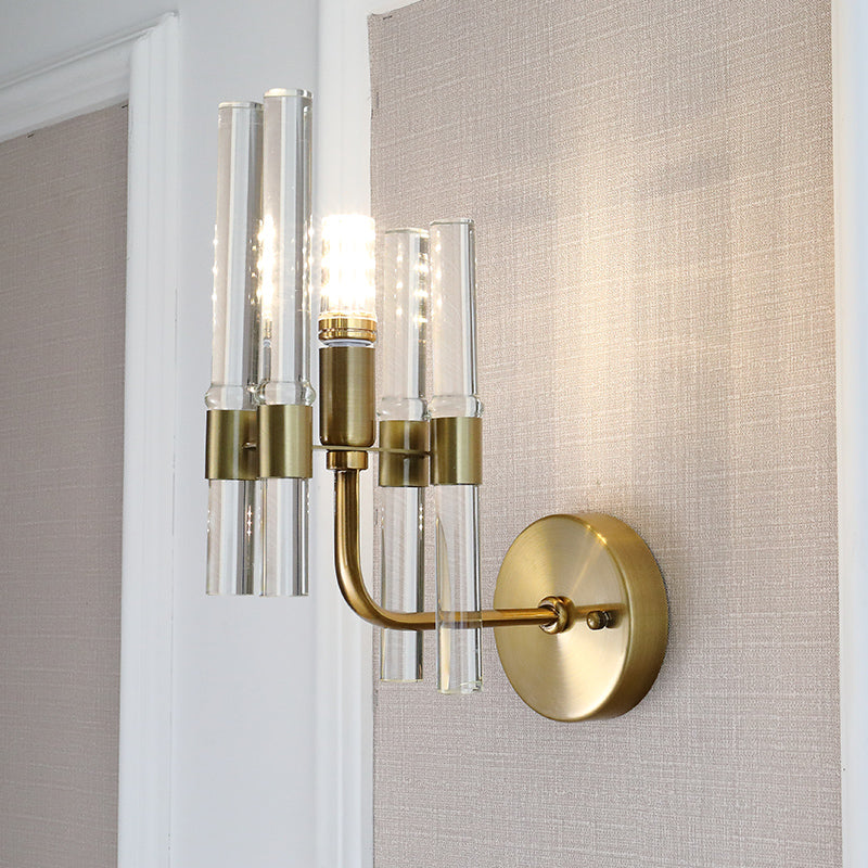 1 Light Armed Wall Sconce Modern Metal Wall Lamp with Clear Crystal Pipe in Gold Finish for Hallway Clearhalo 'Modern wall lights' 'Modern' 'Wall Lamps & Sconces' 'Wall Lights' Lighting' 152766