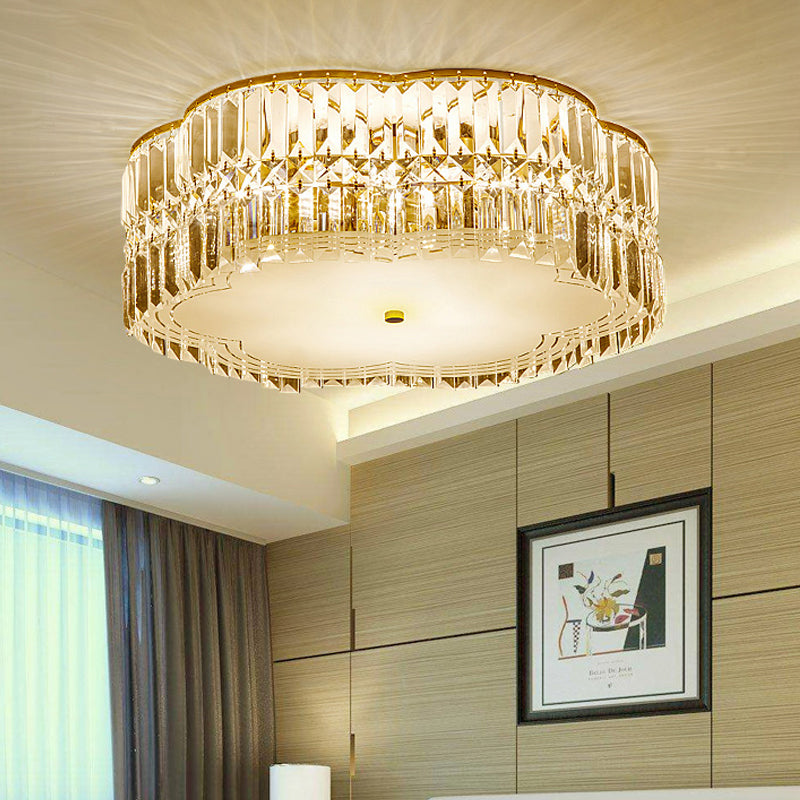 Golden Flower Flush Pendant Light Modern Clear Crystal 15"/19" W LED Flush Light with Acrylic Diffuser Gold A Clearhalo 'Ceiling Lights' 'Close To Ceiling Lights' 'Close to ceiling' 'Flush mount' Lighting' 152771