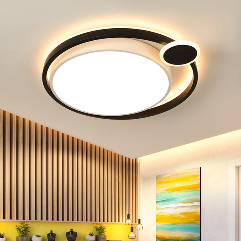 Black/White Orbit Flush Mount Lamp Nordic Metal 15"/18"/21.5" LED Ceiling Mounted Light for Bedroom in Warm/White Black Warm Clearhalo 'Ceiling Lights' 'Close To Ceiling Lights' 'Close to ceiling' 'Flush mount' Lighting' 152796