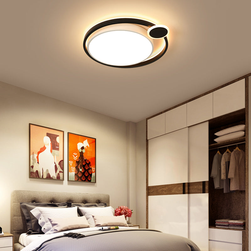 Black/White Orbit Flush Mount Lamp Nordic Metal 15"/18"/21.5" LED Ceiling Mounted Light for Bedroom in Warm/White Clearhalo 'Ceiling Lights' 'Close To Ceiling Lights' 'Close to ceiling' 'Flush mount' Lighting' 152798