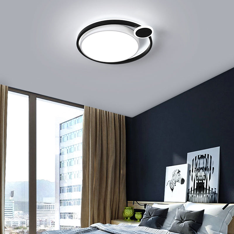 Black/White Orbit Flush Mount Lamp Nordic Metal 15"/18"/21.5" LED Ceiling Mounted Light for Bedroom in Warm/White Black White Clearhalo 'Ceiling Lights' 'Close To Ceiling Lights' 'Close to ceiling' 'Flush mount' Lighting' 152799