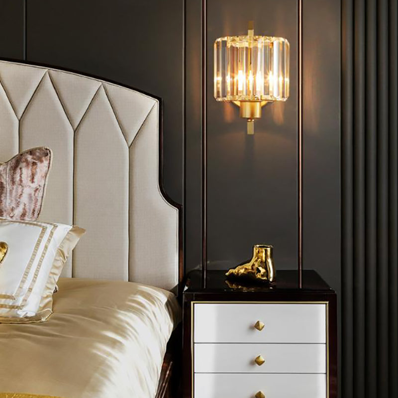 Clear Crystal Drum Wall Sconce Lighting Contemporary Black/Gold 1 Light Wall Lamp with Metal Arm for Bedroom Gold Clearhalo 'Modern wall lights' 'Modern' 'Wall Lamps & Sconces' 'Wall Lights' Lighting' 152809