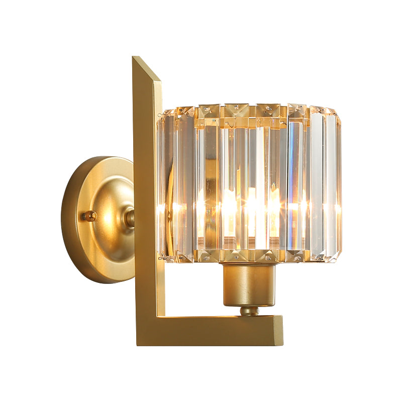 Clear Crystal Drum Wall Sconce Lighting Contemporary Black/Gold 1 Light Wall Lamp with Metal Arm for Bedroom Clearhalo 'Modern wall lights' 'Modern' 'Wall Lamps & Sconces' 'Wall Lights' Lighting' 152811