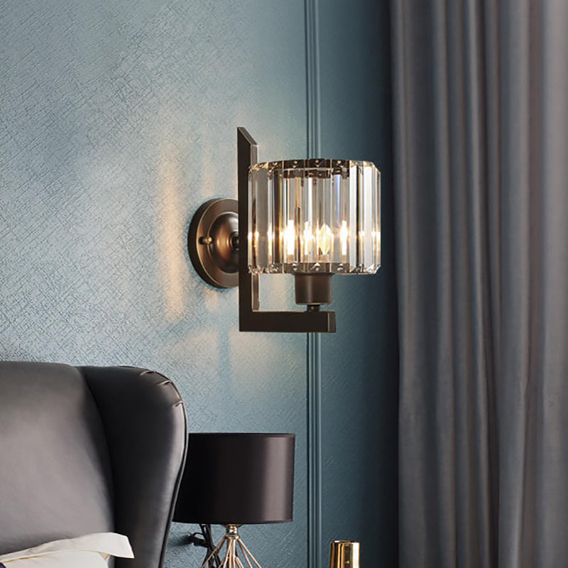 Clear Crystal Drum Wall Sconce Lighting Contemporary Black/Gold 1 Light Wall Lamp with Metal Arm for Bedroom Black Clearhalo 'Modern wall lights' 'Modern' 'Wall Lamps & Sconces' 'Wall Lights' Lighting' 152814