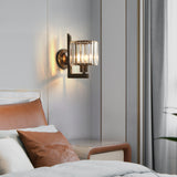 Clear Crystal Drum Wall Sconce Lighting Contemporary Black/Gold 1 Light Wall Lamp with Metal Arm for Bedroom Clearhalo 'Modern wall lights' 'Modern' 'Wall Lamps & Sconces' 'Wall Lights' Lighting' 152815