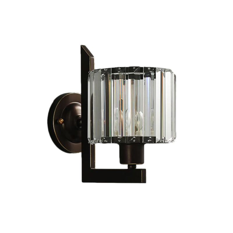 Clear Crystal Drum Wall Sconce Lighting Contemporary Black/Gold 1 Light Wall Lamp with Metal Arm for Bedroom Clearhalo 'Modern wall lights' 'Modern' 'Wall Lamps & Sconces' 'Wall Lights' Lighting' 152816