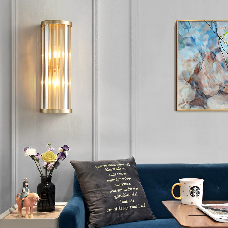 Modernist Stylish Metal Sconce Lighting 2 Lights Cylinder Wall Light Fixture with Crystal Pipe in Gold Finish Gold Clearhalo 'Modern wall lights' 'Modern' 'Wall Lamps & Sconces' 'Wall Lights' Lighting' 152824