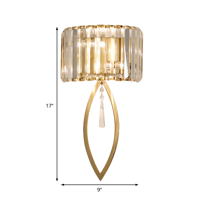 Metallic Drum Shade Wall Lighting with Clear Crystal Modern 2 Lights Wall Lamp in Gold for Living Room Clearhalo 'Cast Iron' 'Glass' 'Industrial' 'Modern wall lights' 'Modern' 'Tiffany' 'Traditional wall lights' 'Wall Lamps & Sconces' 'Wall Lights' Lighting' 152831