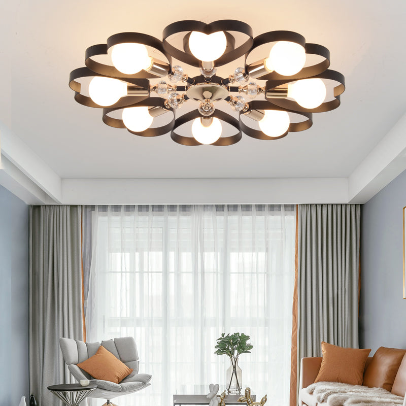 3/6 Heads Heart Shade Semi Flush Mount Light Modern Metal Ceiling Lamp with Clear Crystal Ball in Black 8 Black Clearhalo 'Ceiling Lights' 'Close To Ceiling Lights' 'Close to ceiling' 'Semi-flushmount' Lighting' 152832