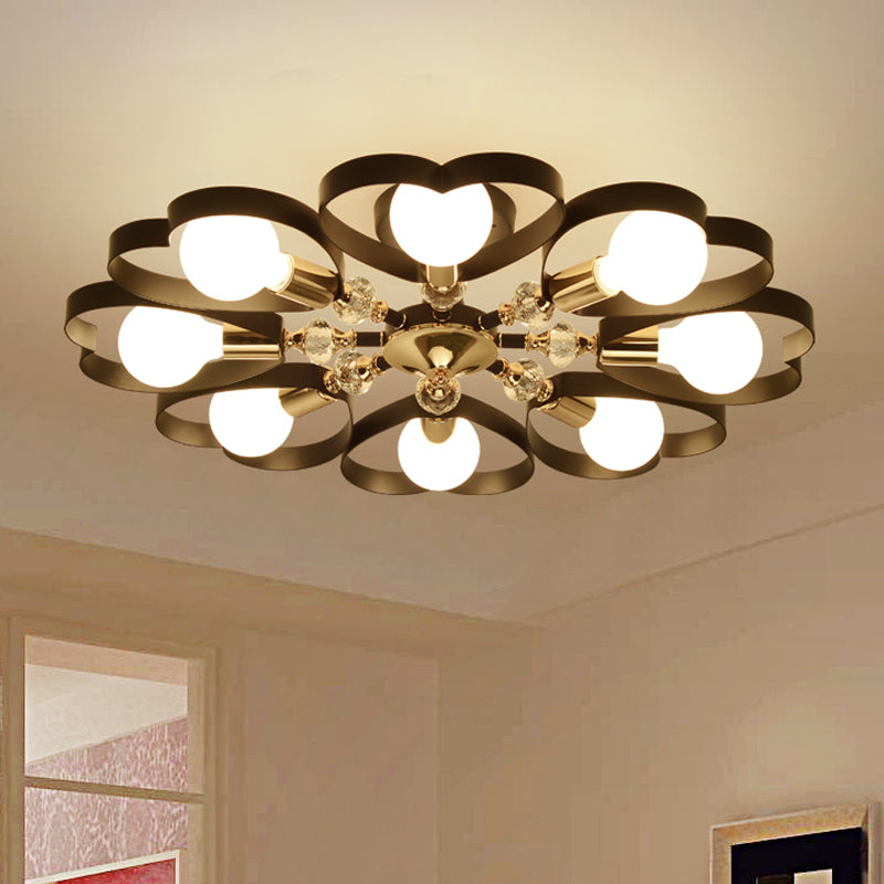 3/6 Heads Heart Shade Semi Flush Mount Light Modern Metal Ceiling Lamp with Clear Crystal Ball in Black Clearhalo 'Ceiling Lights' 'Close To Ceiling Lights' 'Close to ceiling' 'Semi-flushmount' Lighting' 152833