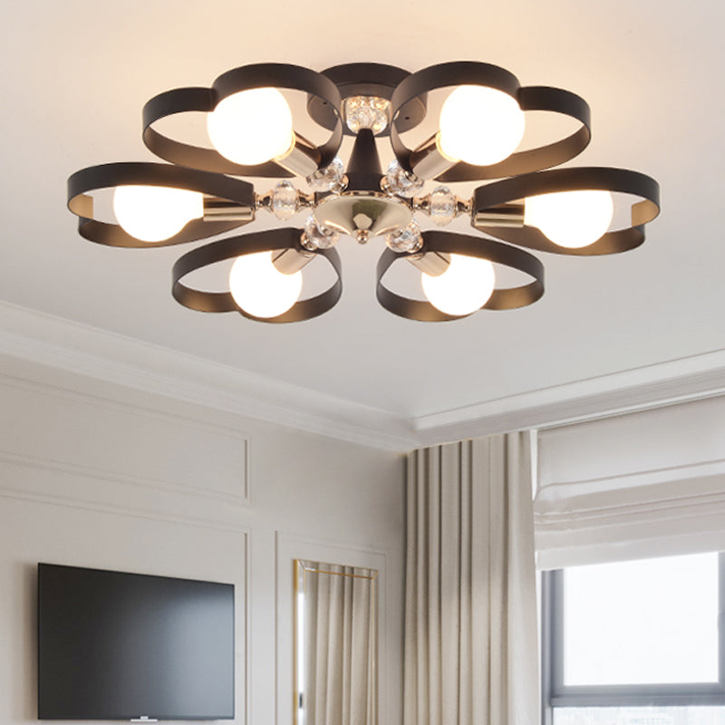 3/6 Heads Heart Shade Semi Flush Mount Light Modern Metal Ceiling Lamp with Clear Crystal Ball in Black 6 Black Clearhalo 'Ceiling Lights' 'Close To Ceiling Lights' 'Close to ceiling' 'Semi-flushmount' Lighting' 152836