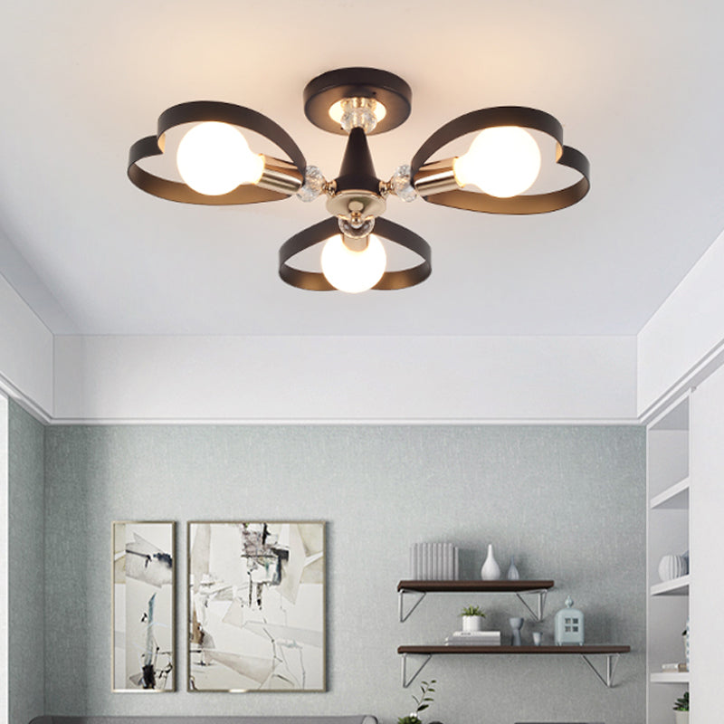 3/6 Heads Heart Shade Semi Flush Mount Light Modern Metal Ceiling Lamp with Clear Crystal Ball in Black 3 Black Clearhalo 'Ceiling Lights' 'Close To Ceiling Lights' 'Close to ceiling' 'Semi-flushmount' Lighting' 152840