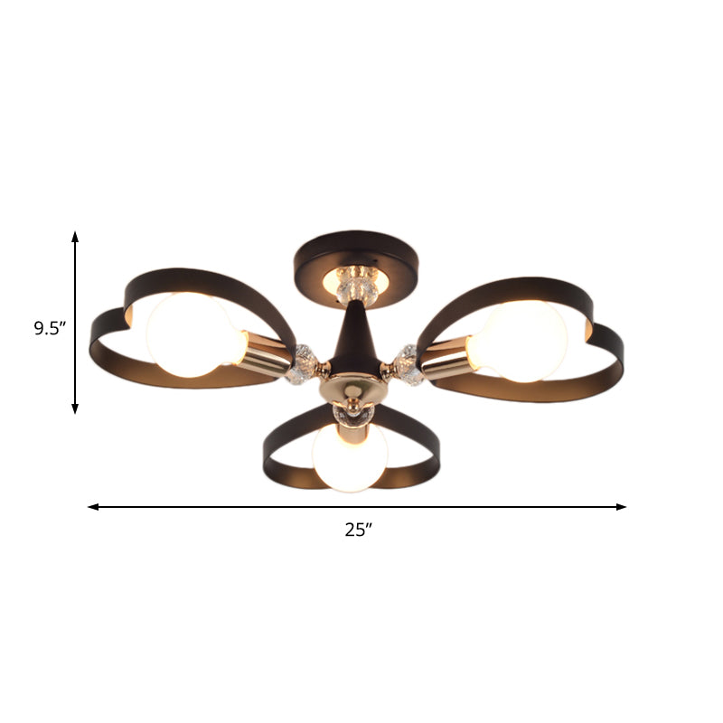 3/6 Heads Heart Shade Semi Flush Mount Light Modern Metal Ceiling Lamp with Clear Crystal Ball in Black Clearhalo 'Ceiling Lights' 'Close To Ceiling Lights' 'Close to ceiling' 'Semi-flushmount' Lighting' 152843