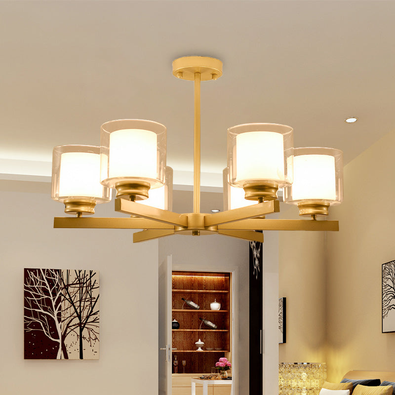 Black/Gold/Sliver Cylinder Chandelier Lamp Modern 3/6/8 Lights Clear Glass Ceiling Pendant Fixture with Radial Design for Bedroom 6 Gold Clearhalo 'Ceiling Lights' 'Chandeliers' 'Glass shade' 'Glass' 'Modern Chandeliers' 'Modern' Lighting' 152874