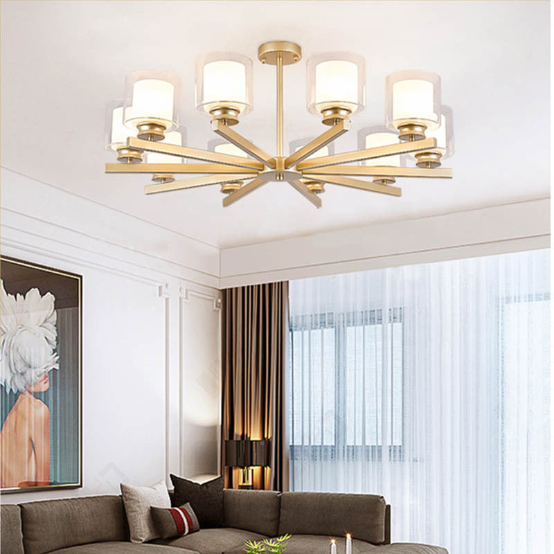 Black/Gold/Sliver Cylinder Chandelier Lamp Modern 3/6/8 Lights Clear Glass Ceiling Pendant Fixture with Radial Design for Bedroom 10 Gold Clearhalo 'Ceiling Lights' 'Chandeliers' 'Glass shade' 'Glass' 'Modern Chandeliers' 'Modern' Lighting' 152880