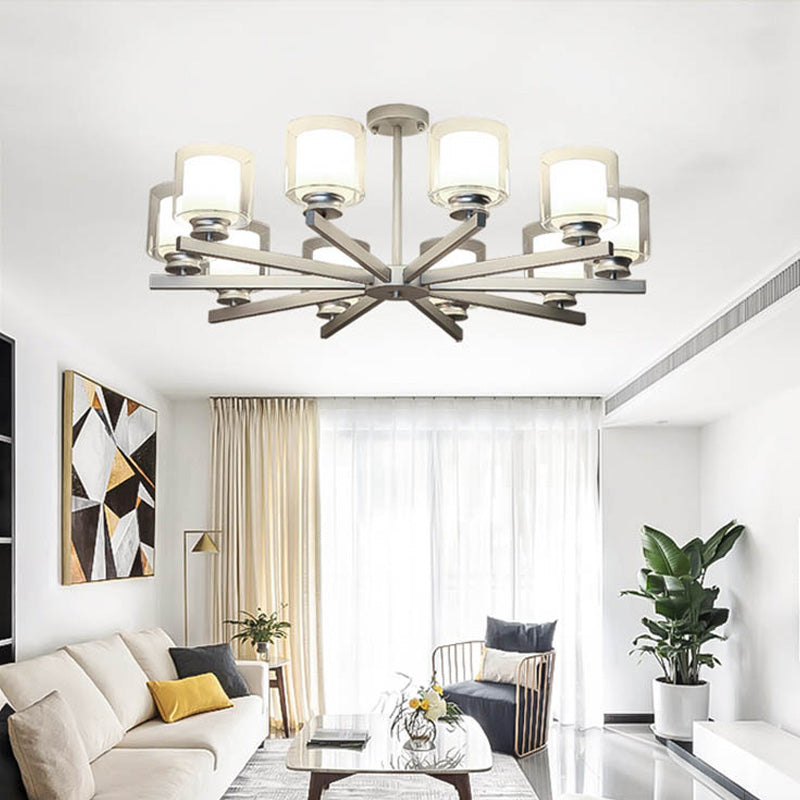 Black/Gold/Sliver Cylinder Chandelier Lamp Modern 3/6/8 Lights Clear Glass Ceiling Pendant Fixture with Radial Design for Bedroom 10 Silver Clearhalo 'Ceiling Lights' 'Chandeliers' 'Glass shade' 'Glass' 'Modern Chandeliers' 'Modern' Lighting' 152891