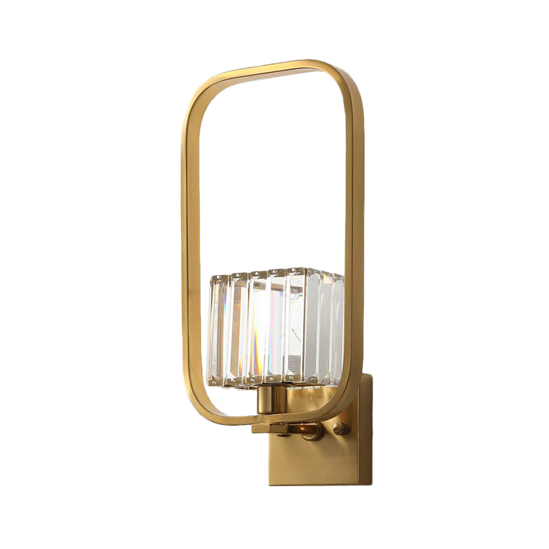 Rectangle Frame Wall Light Vintage Metal 1 Head Wall Sconce Lighting with Crystal Square Shade in Gold Finish Clearhalo 'Modern wall lights' 'Modern' 'Wall Lamps & Sconces' 'Wall Lights' Lighting' 152896