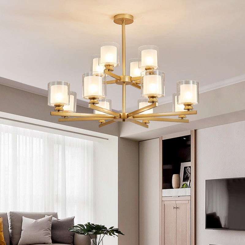 2-Tier Cylinder White Glass Chandelier with Radial Design Modernist 12 Lights Black/Gold/Sliver Hanging Light Fixture Clearhalo 'Ceiling Lights' 'Chandeliers' 'Glass shade' 'Glass' 'Modern Chandeliers' 'Modern' Lighting' 152929