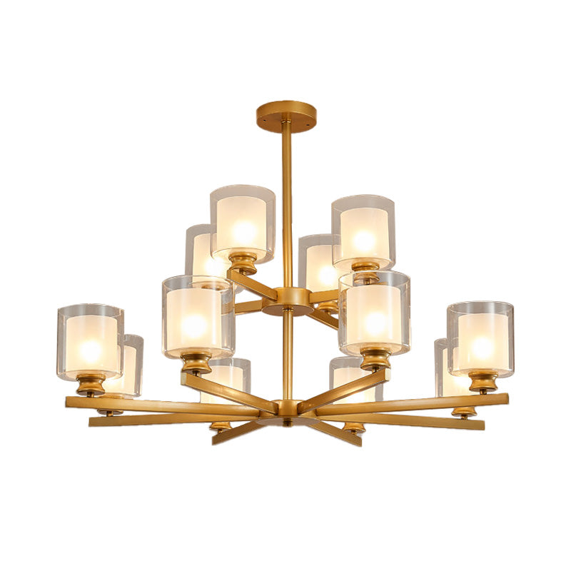 2-Tier Cylinder White Glass Chandelier with Radial Design Modernist 12 Lights Black/Gold/Sliver Hanging Light Fixture Clearhalo 'Ceiling Lights' 'Chandeliers' 'Glass shade' 'Glass' 'Modern Chandeliers' 'Modern' Lighting' 152930