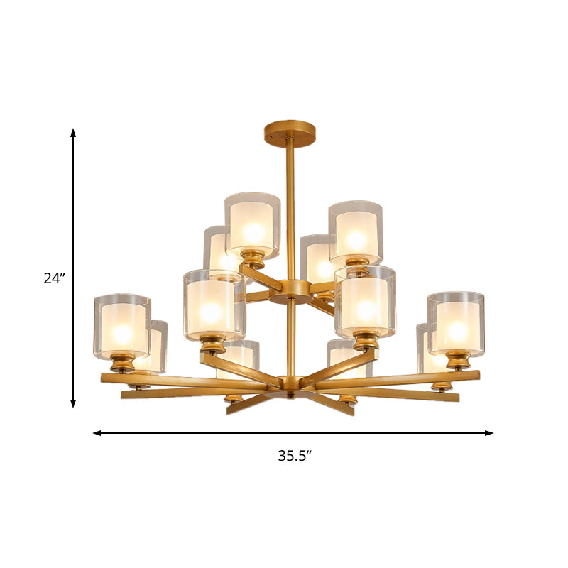 2-Tier Cylinder White Glass Chandelier with Radial Design Modernist 12 Lights Black/Gold/Sliver Hanging Light Fixture Clearhalo 'Ceiling Lights' 'Chandeliers' 'Glass shade' 'Glass' 'Modern Chandeliers' 'Modern' Lighting' 152931