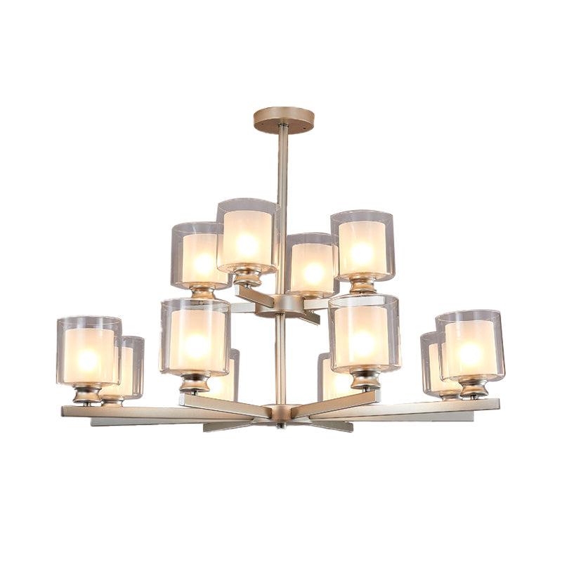 2-Tier Cylinder White Glass Chandelier with Radial Design Modernist 12 Lights Black/Gold/Sliver Hanging Light Fixture Clearhalo 'Ceiling Lights' 'Chandeliers' 'Glass shade' 'Glass' 'Modern Chandeliers' 'Modern' Lighting' 152934