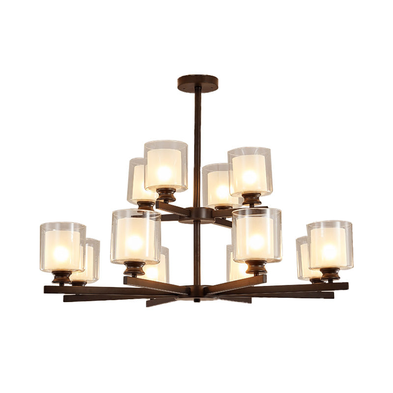 2-Tier Cylinder White Glass Chandelier with Radial Design Modernist 12 Lights Black/Gold/Sliver Hanging Light Fixture Clearhalo 'Ceiling Lights' 'Chandeliers' 'Glass shade' 'Glass' 'Modern Chandeliers' 'Modern' Lighting' 152937