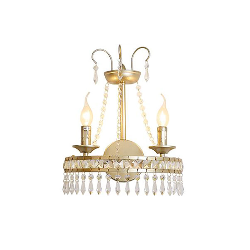 Metallic Exposed Wall Light with Crystal Decoration Vintage 2 Lights Wall Lamp in Gold for Hallway Clearhalo 'Modern wall lights' 'Modern' 'Wall Lamps & Sconces' 'Wall Lights' Lighting' 152956