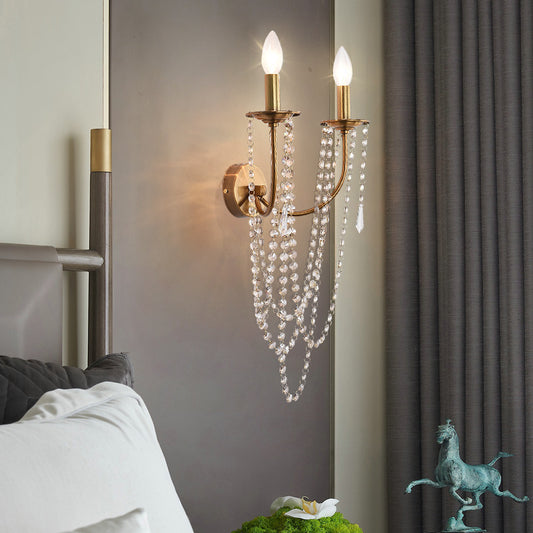 Metallic Open Bulb Wall Mount Lamp French Country 2 Heads Wall Lamp with Clear Crystal Bead in Brushed Brass Clearhalo 'Modern wall lights' 'Modern' 'Wall Lamps & Sconces' 'Wall Lights' Lighting' 152968