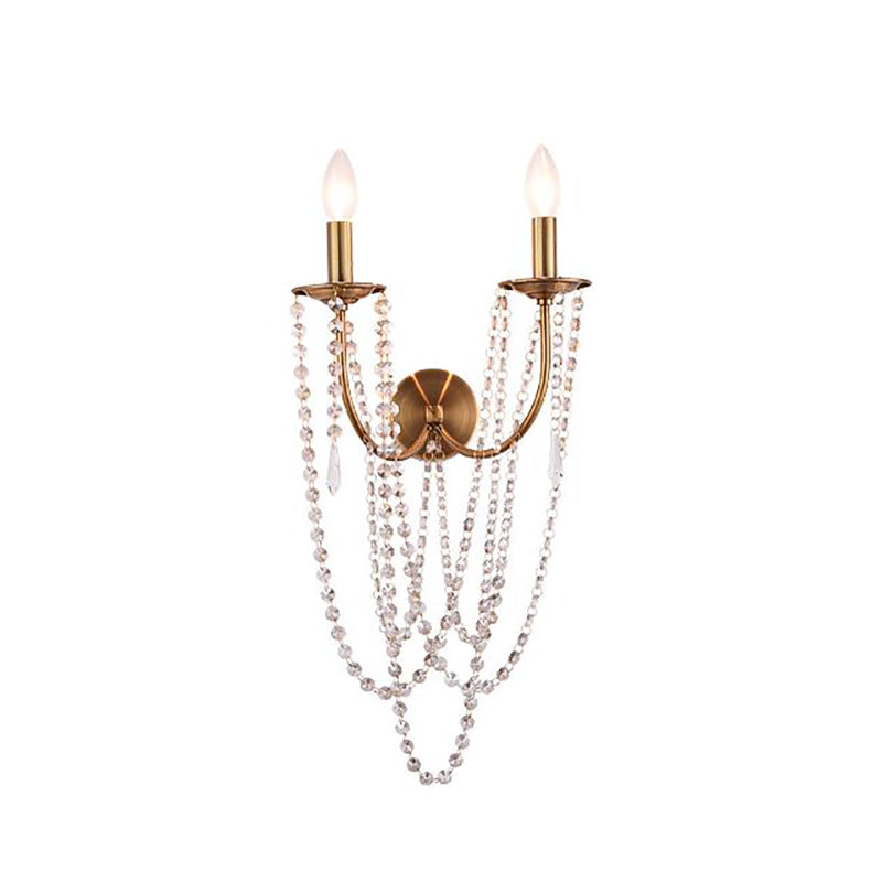 Metallic Open Bulb Wall Mount Lamp French Country 2 Heads Wall Lamp with Clear Crystal Bead in Brushed Brass Clearhalo 'Modern wall lights' 'Modern' 'Wall Lamps & Sconces' 'Wall Lights' Lighting' 152969