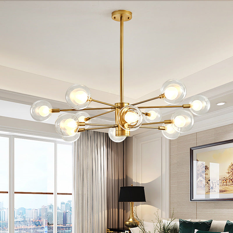 Clear Glass Globe Chandelier with Radial Design Modernist 10/12/16 Lights Hanging Light Fixture in Gold 12 Gold Clearhalo 'Ceiling Lights' 'Chandeliers' 'Glass shade' 'Glass' 'Modern Chandeliers' 'Modern' Lighting' 152980