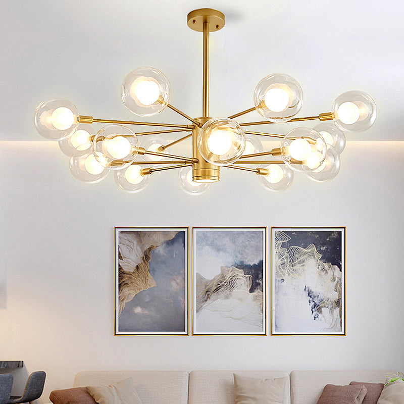 Clear Glass Globe Chandelier with Radial Design Modernist 10/12/16 Lights Hanging Light Fixture in Gold 16 Gold Clearhalo 'Ceiling Lights' 'Chandeliers' 'Glass shade' 'Glass' 'Modern Chandeliers' 'Modern' Lighting' 152984